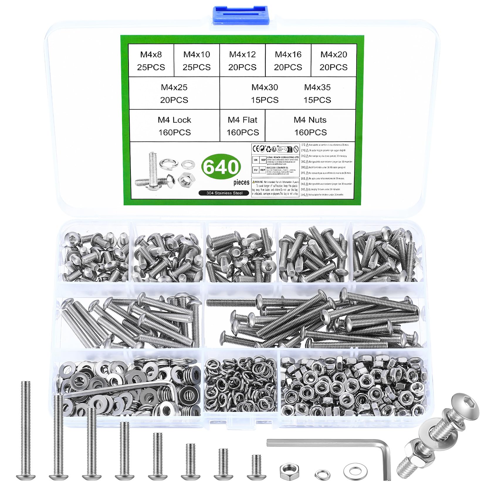 640 Pcs M4 Screws Set, M4 and Nuts Set, Assorted Nuts and Bolts Set, Hex Socket Head Cap Screws Bolts and Nuts Set with Washers Set, Pan Round Head Machine Assortment Kit