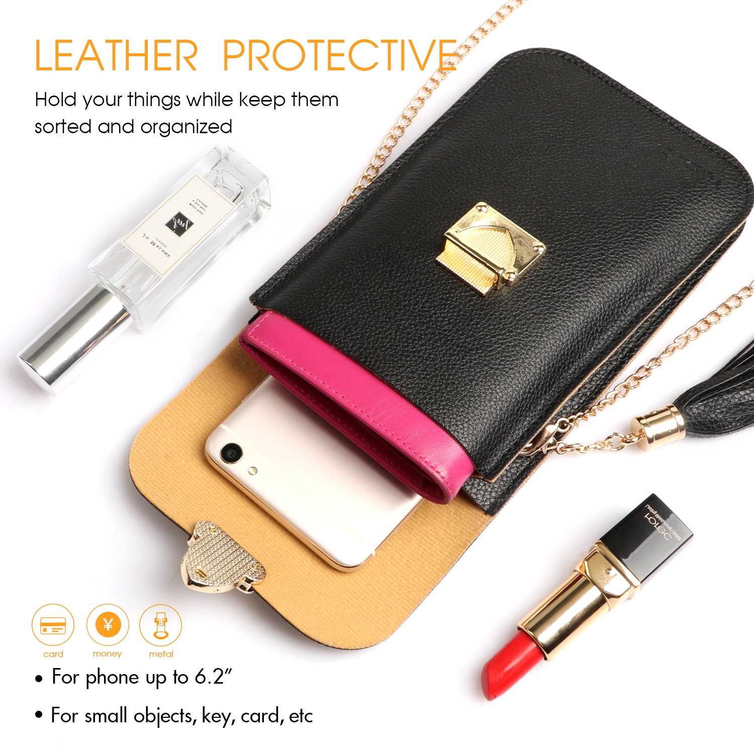 Cell Phone Bag, LKZAIY PU Leather Small Crossbody Bag with Detachable Chain Shoulder Strap Clear Purse Wallet for Women