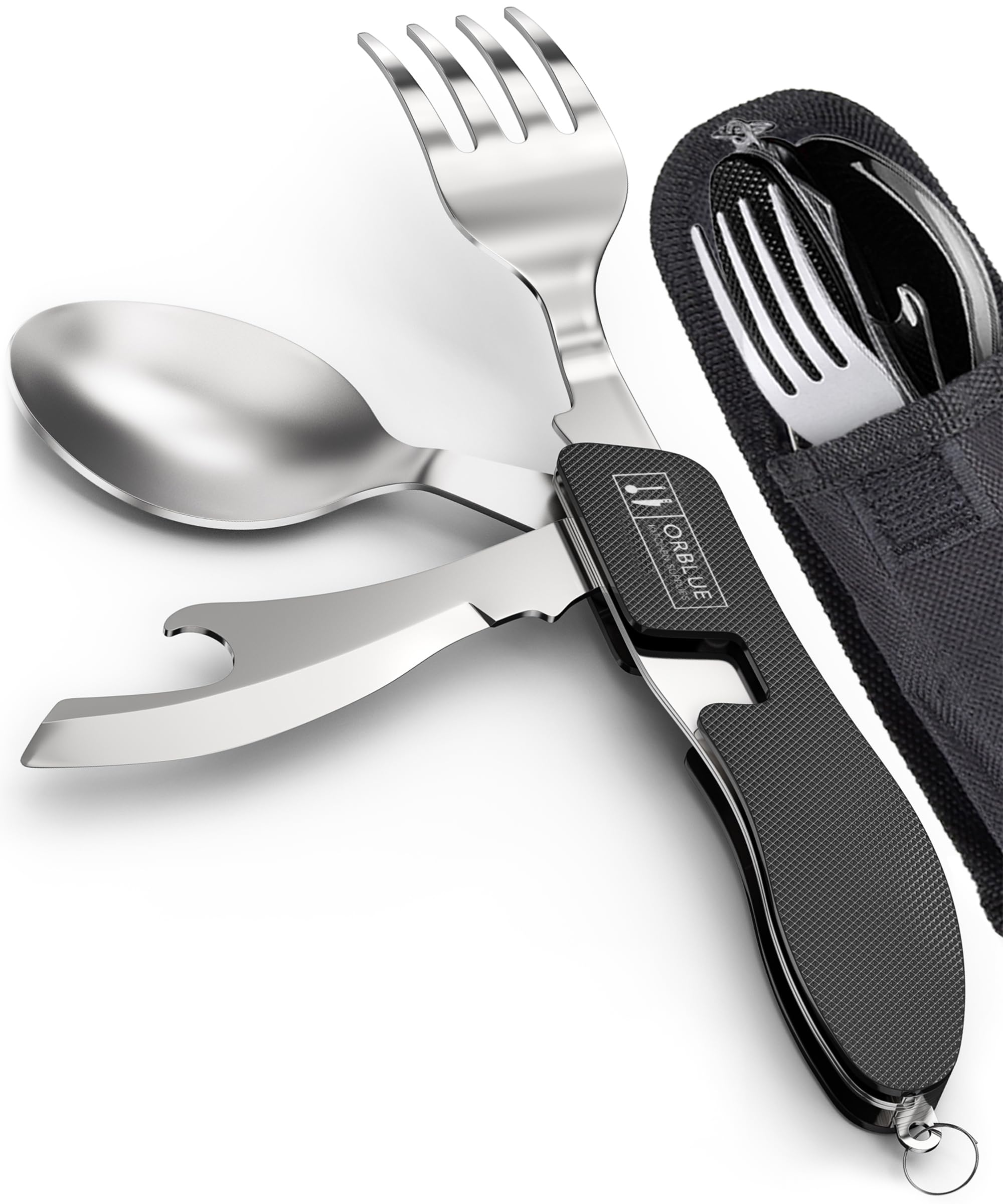 ORBLUE 4-in-1 Camping Cutlery Set 2-Pack – Stainless Steel Foldable Spoon Fork Knife Bottle Opener with Pouch – Portable Travel Cutlery & Camping Utensils for Hiking & Outdoor Use – Black