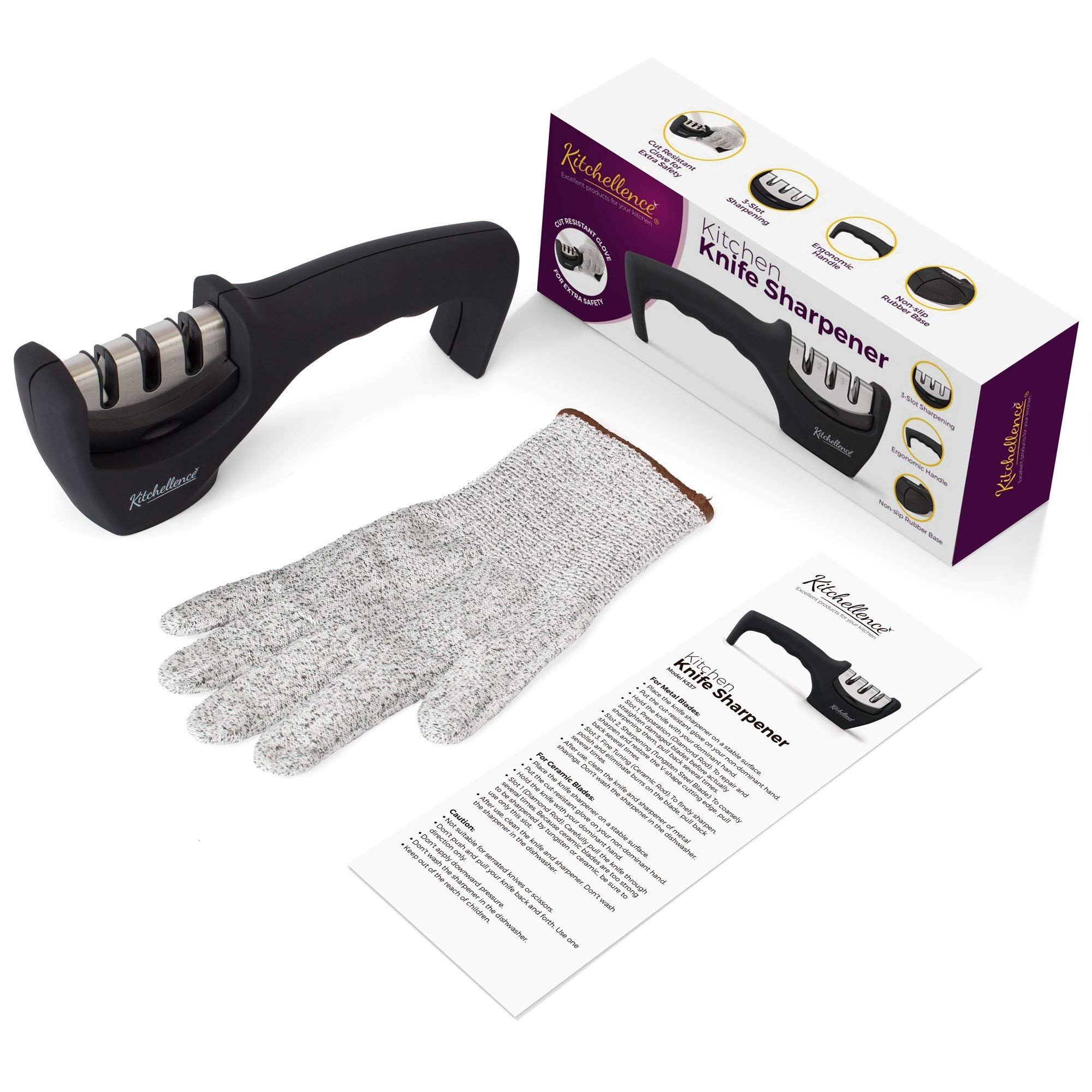 Kitchen Knife Sharpener - 3-Stage Knife Sharpening Tool Helps Repair, Restore and Polish Blades - Cut-Resistant Glove Included