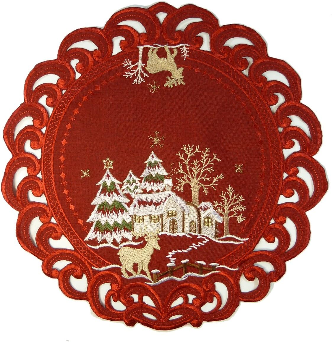 Christmas Tablecloth accessories - Round 15" (40cm) - Reindeer with Xmas House embroidery