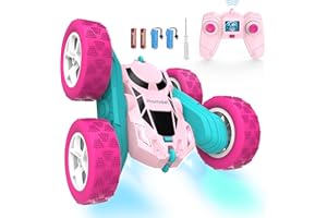 Hamdol Remote Control Car for Girls Pink RC Car Double Sided 360°Flip Stunt Car with Headlights, All Terrain Tires, Rechargeable Batteries Toy Car for 6 7 8 9 10 11 12 Girls Birthday