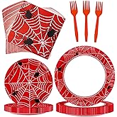 120 Pcs Spider Web Paper Plates and Napkins Set, Halloween Party Supplies Decorations, Include Disposable Paper Plates, Napkins, Forks, Halloween Birthday Party Favors, Serve 30