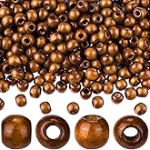 HINZIC 200pcs Medium-Coffee Wooden Beads, 9x10mm Large Hole Macrame Bead, Natural Wood Hair Bead, Round Loose Spacer Beads for Making Handmade Craft Bracelet Necklace