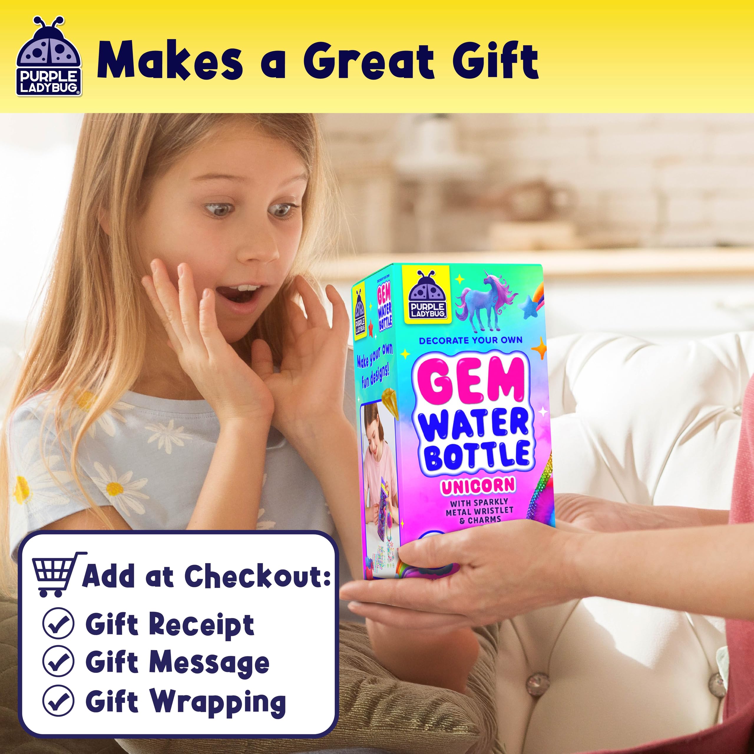 PURPLE LADYBUG Decorate Your Own Water Bottle Kit for Girls - Unicorn Design with Glitter Gem Stickers, Gifts for Girls Ages 5-8-10 Years Old Birthday, Fun Craft for Kids, Water Bottle for School