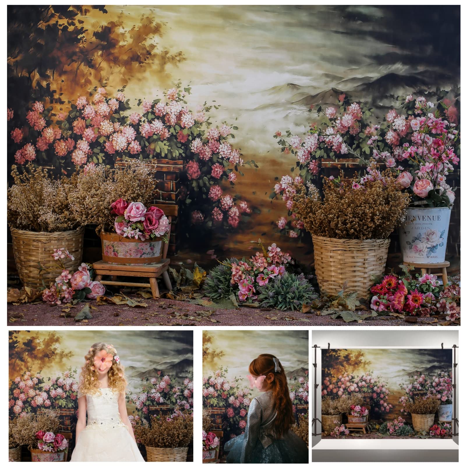 WaW 2.7x1.8m/9x6ft Vintage Brown Flower Background Photography Fabric Easter Backdrop for Newborn Baby Children Photoshoot