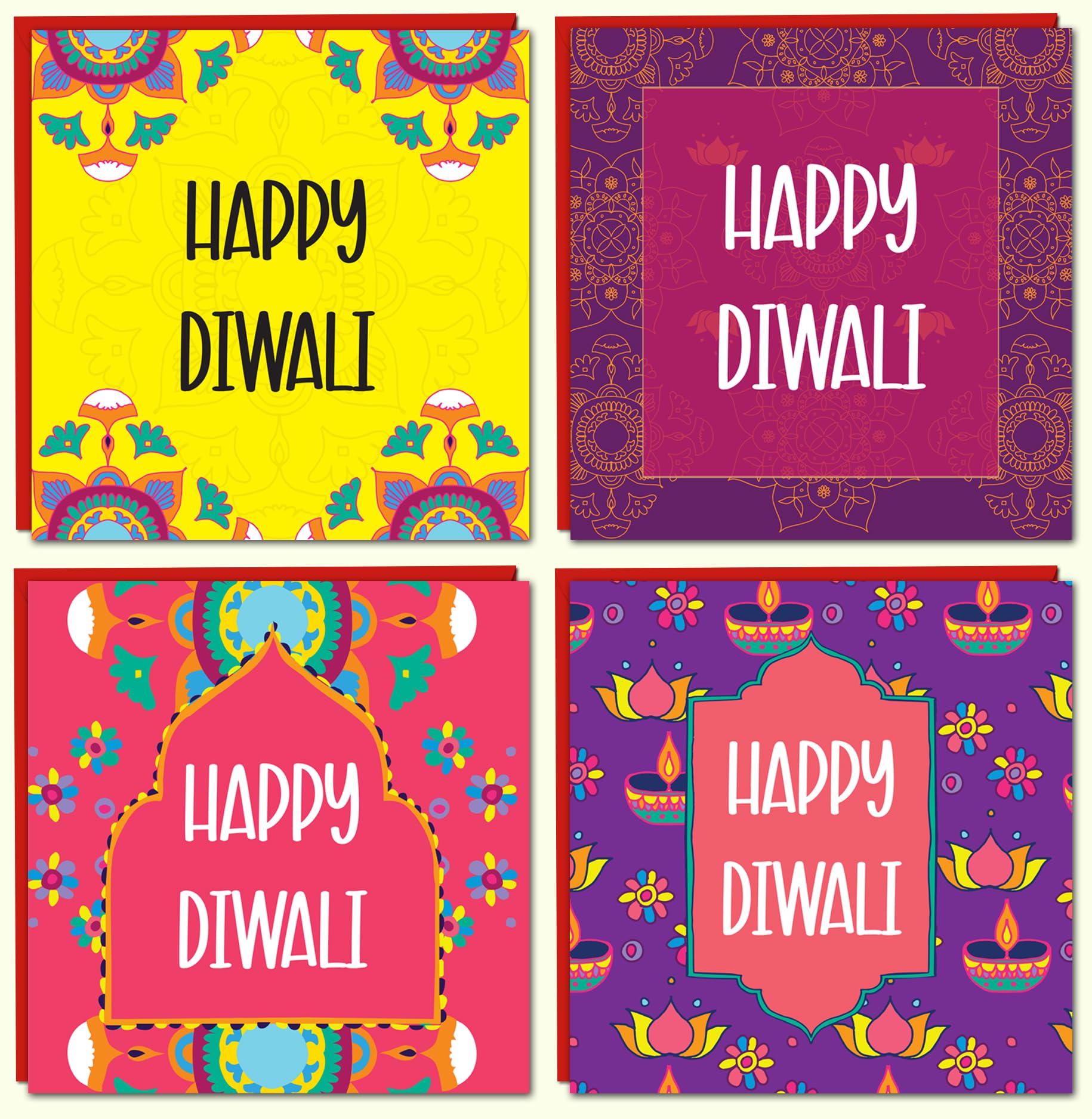 Giftinghouse Premium Diwali Cards Multipack of 8 with Envelopes - Happy Diwali Cards – Eco-friendly, Luxury Greeting Cards with Red Envelopes for decorations, family, friends