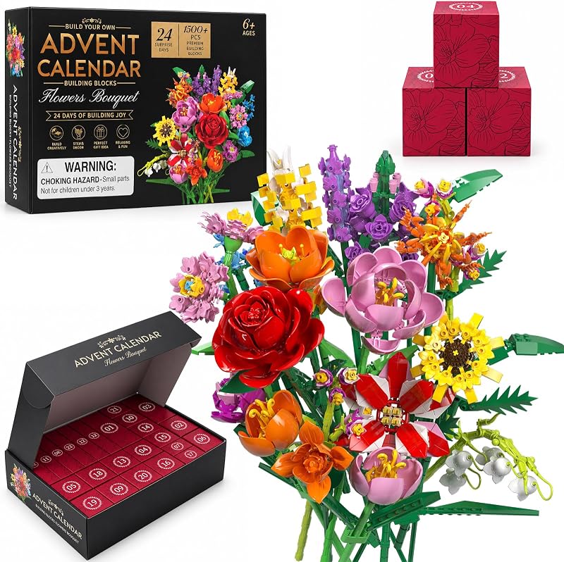 Calendrier de l'Avent 2026 avec bouquet de fleurs, compte à rebours de Noël de 24 jours, 24 boîtes de 1 500 pièces + blocs de construction, roses et tulipes colorées, décoration d'intérieur, cadeaux