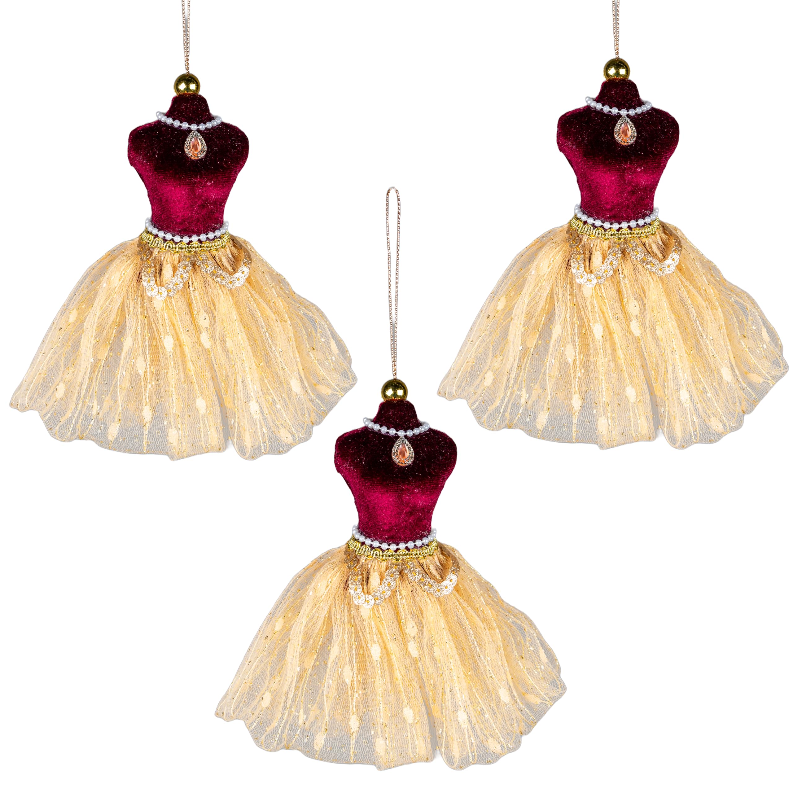 3Pcs Burgundy and Gold Ballerina Costume Figure 15cm - Christmas Tree Hanging Decorations Festive Decorative Ornaments Fairy Tale Themed Xmas Tree Pendant