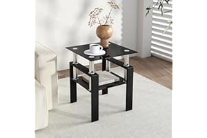 IANIYA Modern Glass End Table, 2-Tier Side Table with Tempered Glass Top & Metal Legs, Night Stand Corner Table for Living Room, Bedroom, All Black