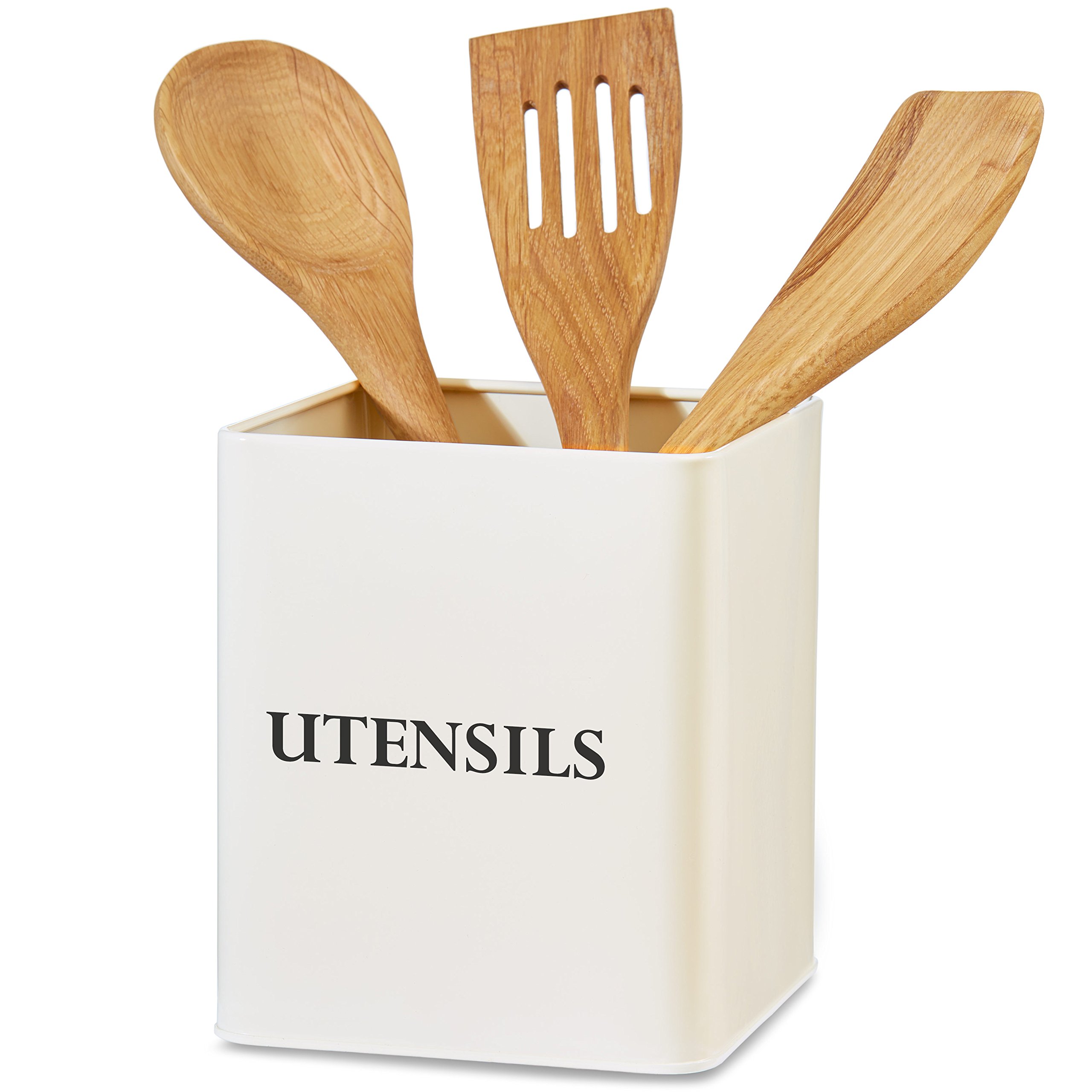 andrew james Utensil Holder Vintage Metal Utensil Pot Large Kitchen Utensil Organiser Retro Kitchen Accessories Utensils Storage Holder for Knives Forks Utensils, Kitchen Organiser Pot (Cream)