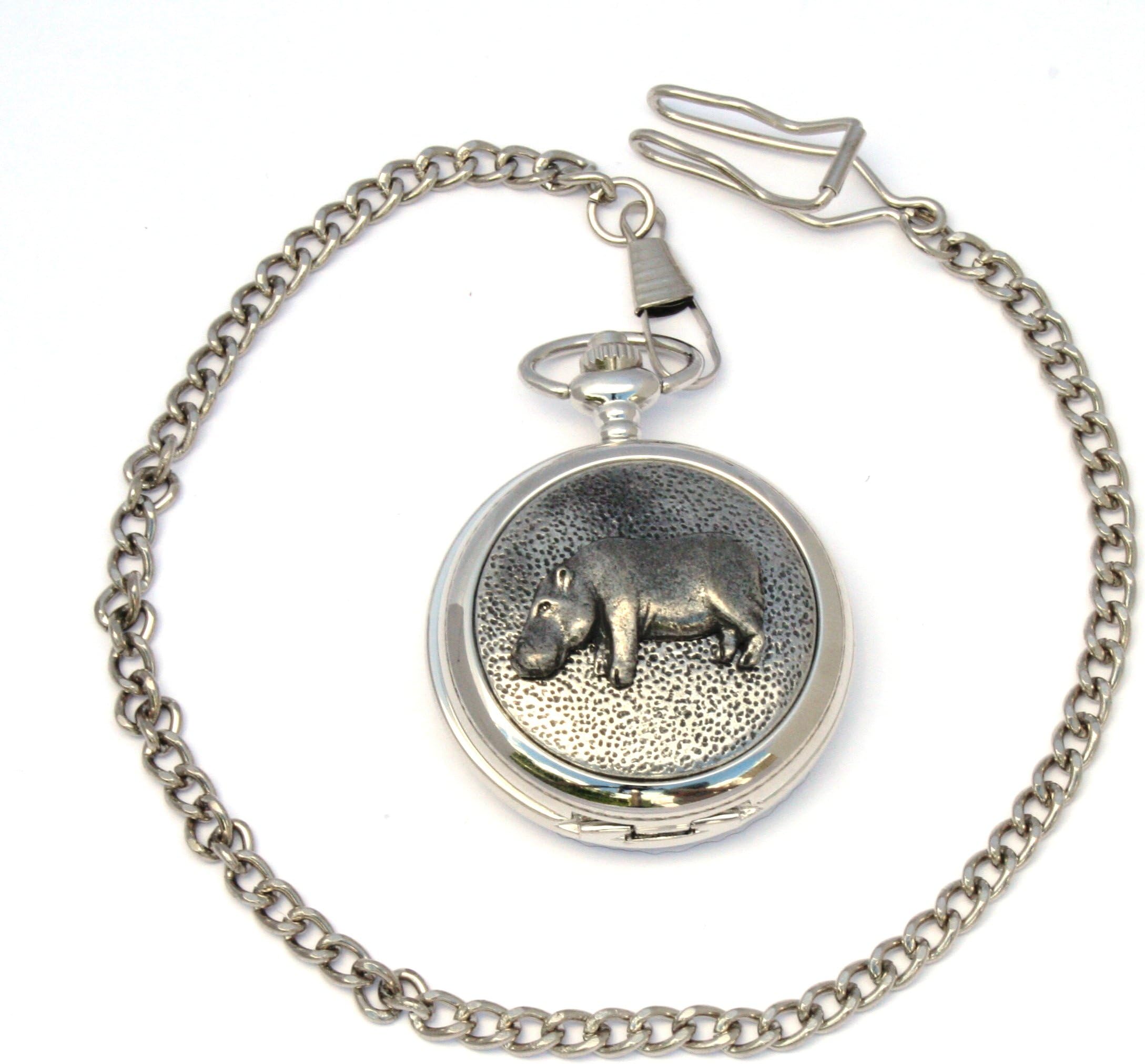 Hippo Pewter Fronted Pocket Watch On Chain Free Engraving