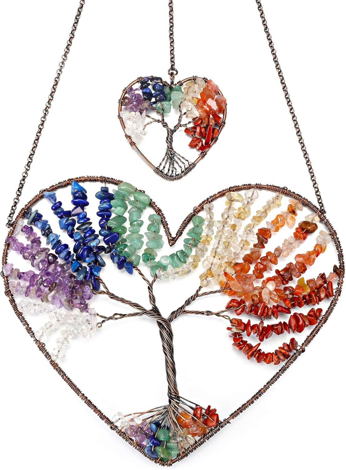 Top Plaza 7 Chakra Healing Crystals Hanging Ornament Heart Shape Handmade Tree of Life Decoration Home Indoor Wall Decor for Good Luck Yoga Meditation Protection