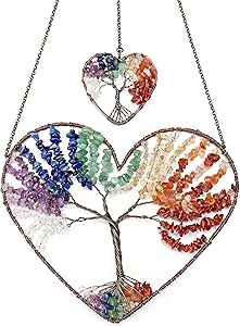 Top Plaza 7 Chakra Healing Crystals Hanging Ornament Heart Shape Handmade Tree of Life Decoration Home Indoor Wall Decor for Good Luck Yoga Meditation Protection