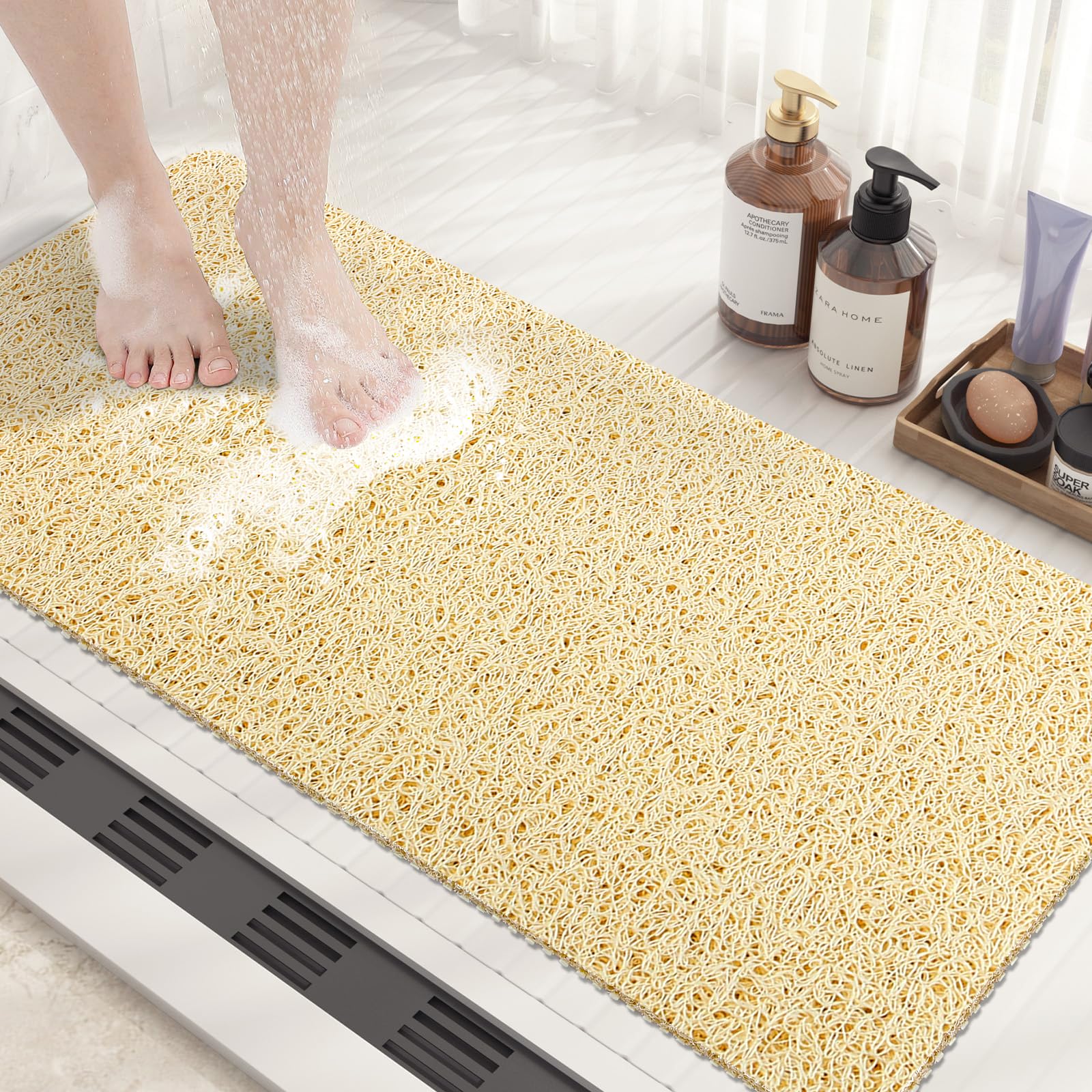 KAZOLEN Shower Mat Non Slip Anti Mould: Bath Mats for Inside Bath- 60 x 40 cm Anti Slip Shower Mats for Inside Shower- Loofah Shower Mat Beige Long Washable Shower Matt for Elderly Wet Room Quick Dry