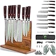 FULLHI 15pcs Japanese Knife Set with Magnetic Knife Block Holder, Premium German Stainless Steel Kitchen Knife Set
