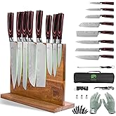 FULLHI 15pcs Japanese Knife Set with Magnetic Knife Block Holder, Japan Stainless Steel Blades, Ergonomic Handles for Professional and Home Cooking(Coffee wood, Magnetic Block Knife Set)