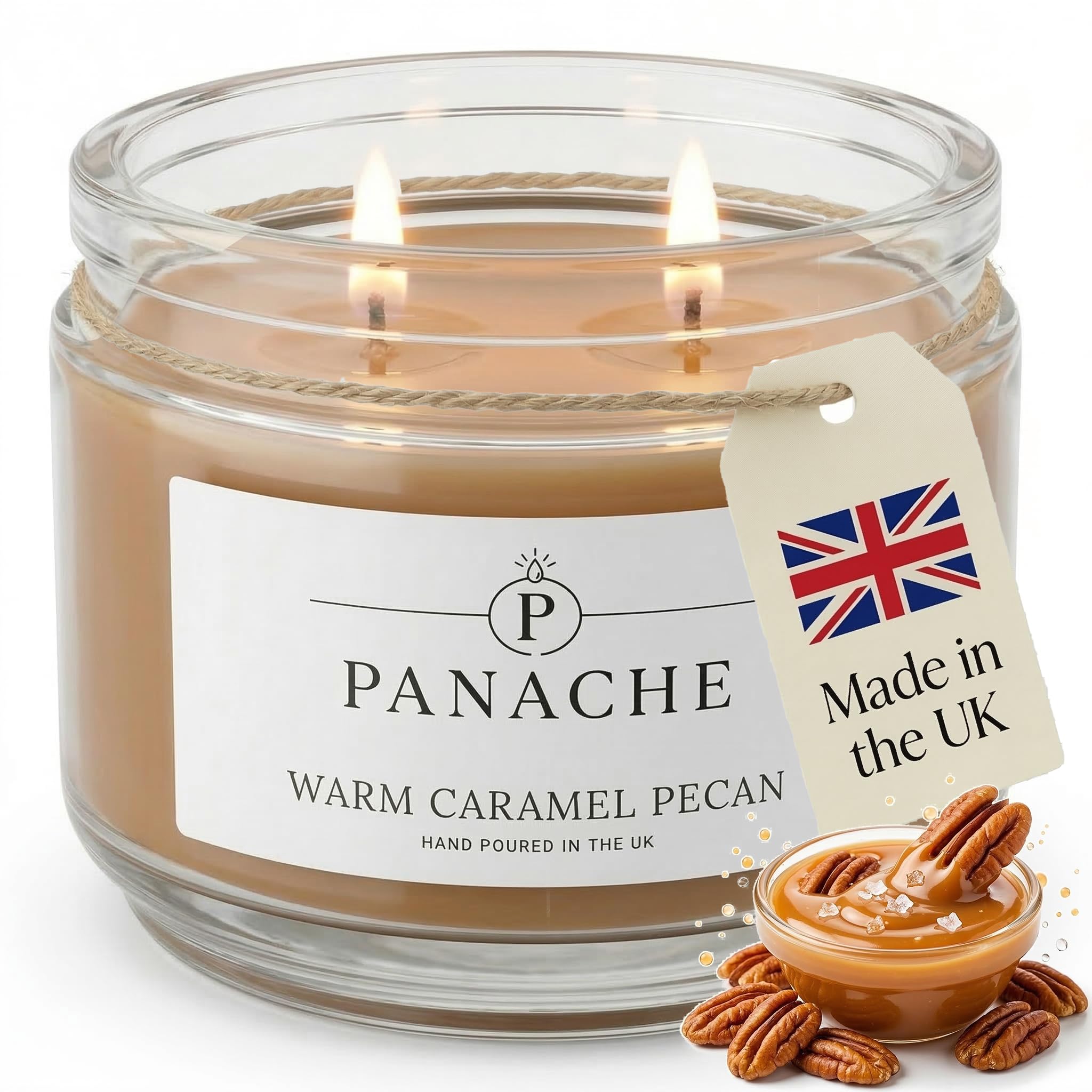 Panache Warm Caramel Pecan Scented Candle – Double Wick Soy Wax Candle, 48 Hour Burn Time, Hand Poured in UK, Clean Burning Cotton Wicks, Luxury Glass Jar Candle for Home Fragrance & Gifts (320g)