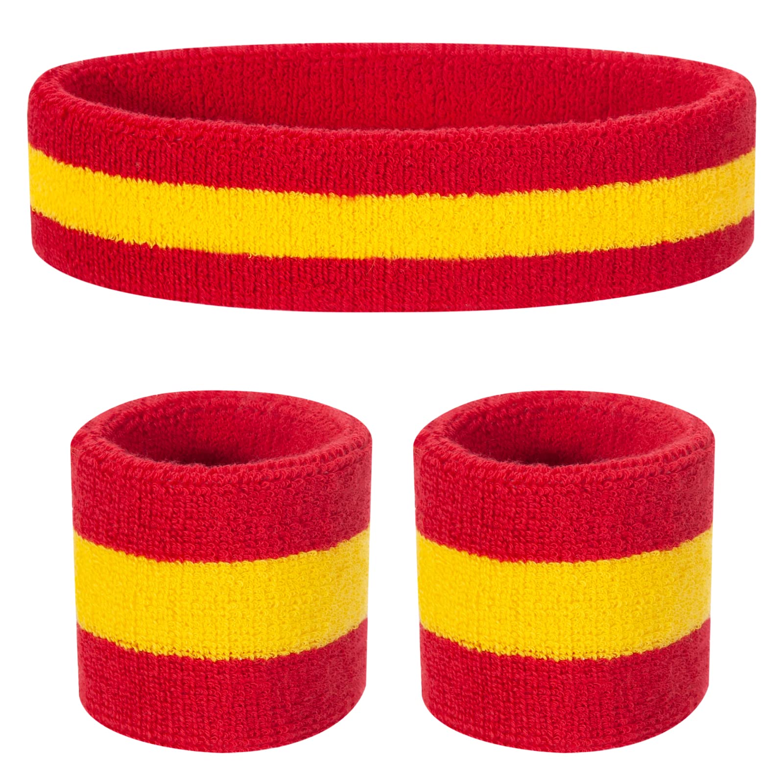 ONUPGO Kids Sweatbands Headband Wristband Set - Athletic Cotton Sweat Band for Sports (1 Headband + 2 Wristbands) (Red Yellow Red)
