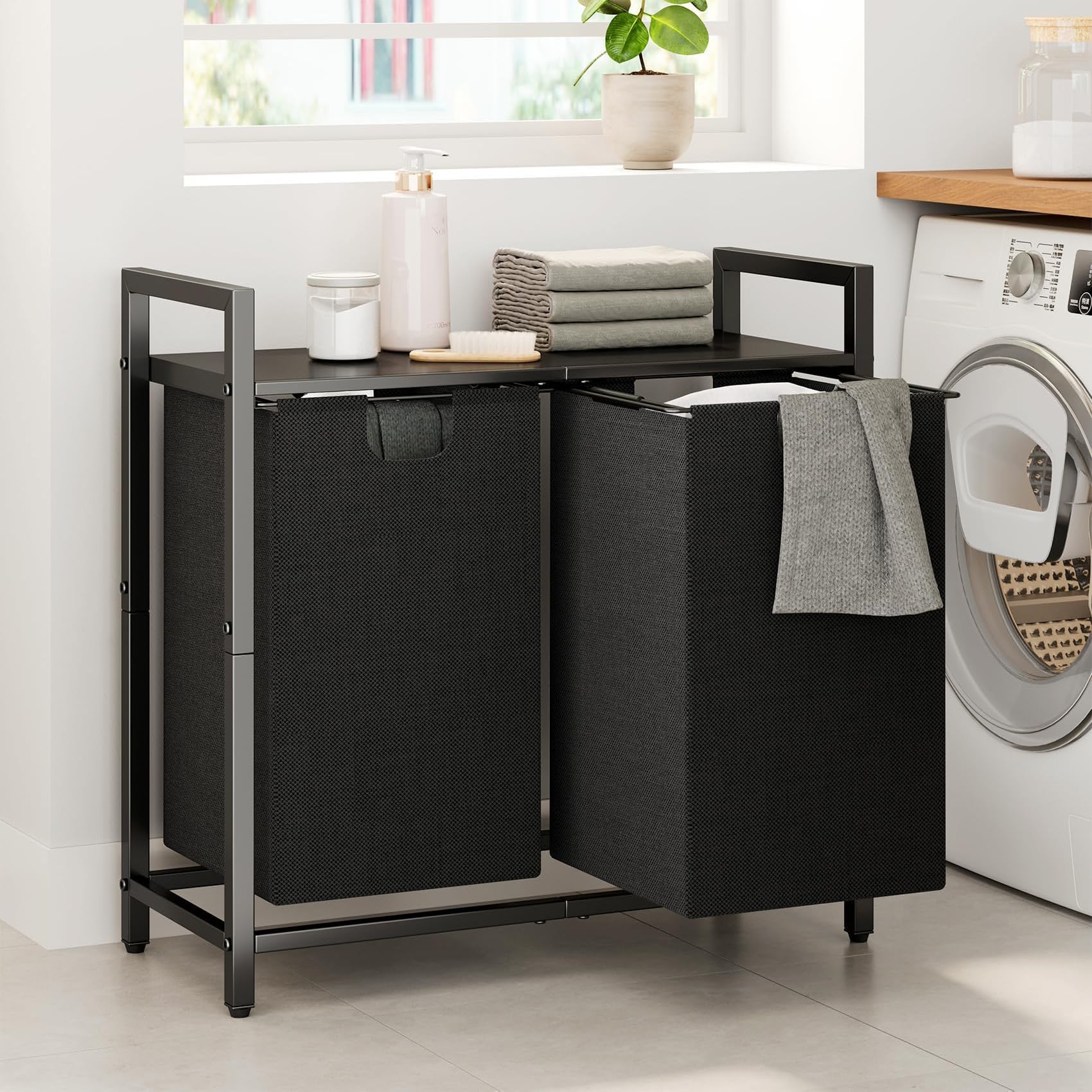 Photo 1 of Kitstorack Laundry Basket Organizer, Laundry Hamper with Shelf & 2 Pull-Out Removable Bags, Dirty Clothes Hamper Organizer for Laundry Room Bathroom and Dorm, 2 x 11.8 gallons (44.5L)