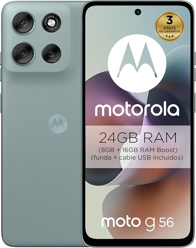 Moto g56 5G 24GB (8GB+16GB RAM Boost)/256GB Cinzento, Durabilidade Militar, IP68/69, Corning Gorilla® Glass 7i, Ecrã Full HD+ de 6,72", Câmara de 50 MP com Moto ai, Bateria de 5200 mAh, Carga TurboPower de 30W