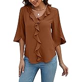 Blooming Jelly Womens Dressy Casual Blouses 3/4 Sleeve V Neck Ruffle Tops Business Ladies Summer Trendy Fashion Work Shirt