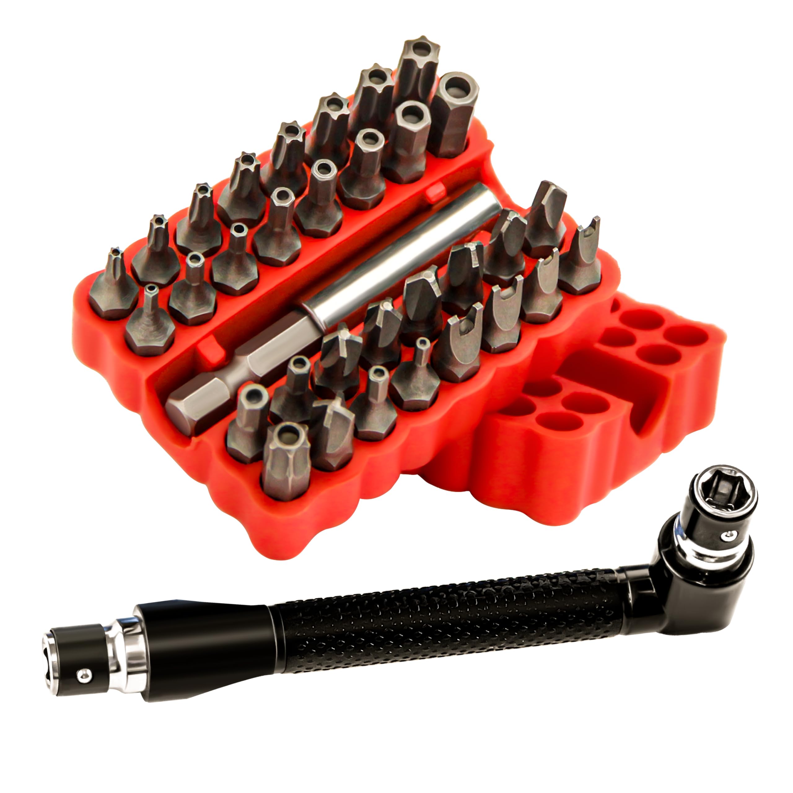 Photo 1 of 34pcs Security Bit Set 1/4 Inch Hex Shank Screwdriver Bit Set,Tamper Proof Bits-Torx+Hex+Tri Wing+Star+Spanner for Torx Security Screwdriver Set,High Hardness Impact Driver Bit Set(Red+Wrench)