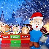 BLOWOUT FUN Christmas Inflatables 6FT Long Santa Claus with Cows Farm Decoration, LED Lighted Xmas Blow Up Cow for Party Indoor Outdoor Garden Yard Decor
