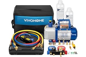 VIVOHOME 110V 3/4 HP 7.2CFM 2 Stage HVAC Vacuum Pump and 4 Way AC Manifold Gauge Set Kit with Leak Detector 5ft Hoses for R134a R12 R22 R502 R410a Auto Air Conditioning Refrigeration Recharging