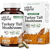 Wild & Organic Turkey Tail Mushroom Capsules 1000 mg - Immune Support - Turkey Tail Mushroom Extract Supplement - Coriolus Versicolor Mycelium Powder - Vegan, No Fillers, Non-GMO - 120 Count