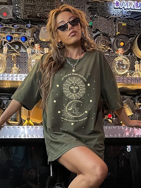 SHENHE WOMEN’S GRAPHIC HALF SLEEVE DROP SHOULDER CREWNECK OVERSIZED T SHIRT TOPS ARMY GREEN M