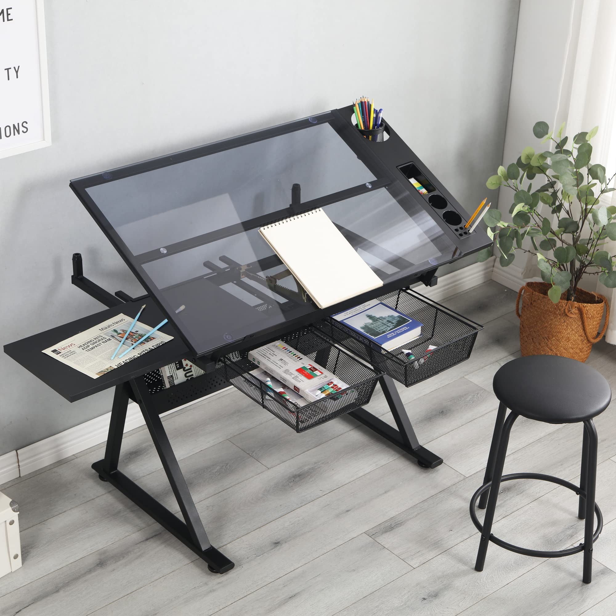 Photo 1 of LiviNest Height Adjustable Drafting Table - Modern Tempered Glasses Artist Drawing Table Tilted Tabletop with Chair - Glass Topped Art Desk Work Station with Stool for Home Office Black
