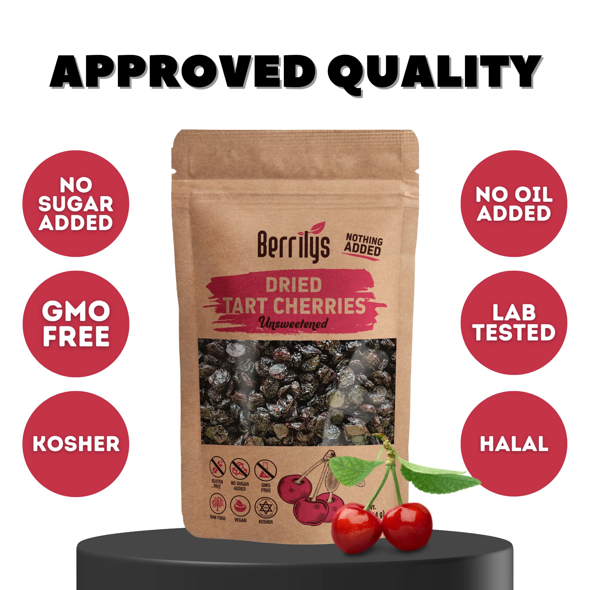 Dried Cherries, Unsweetened, Tart, Berrilys,16 oz, Pitted, Kosher