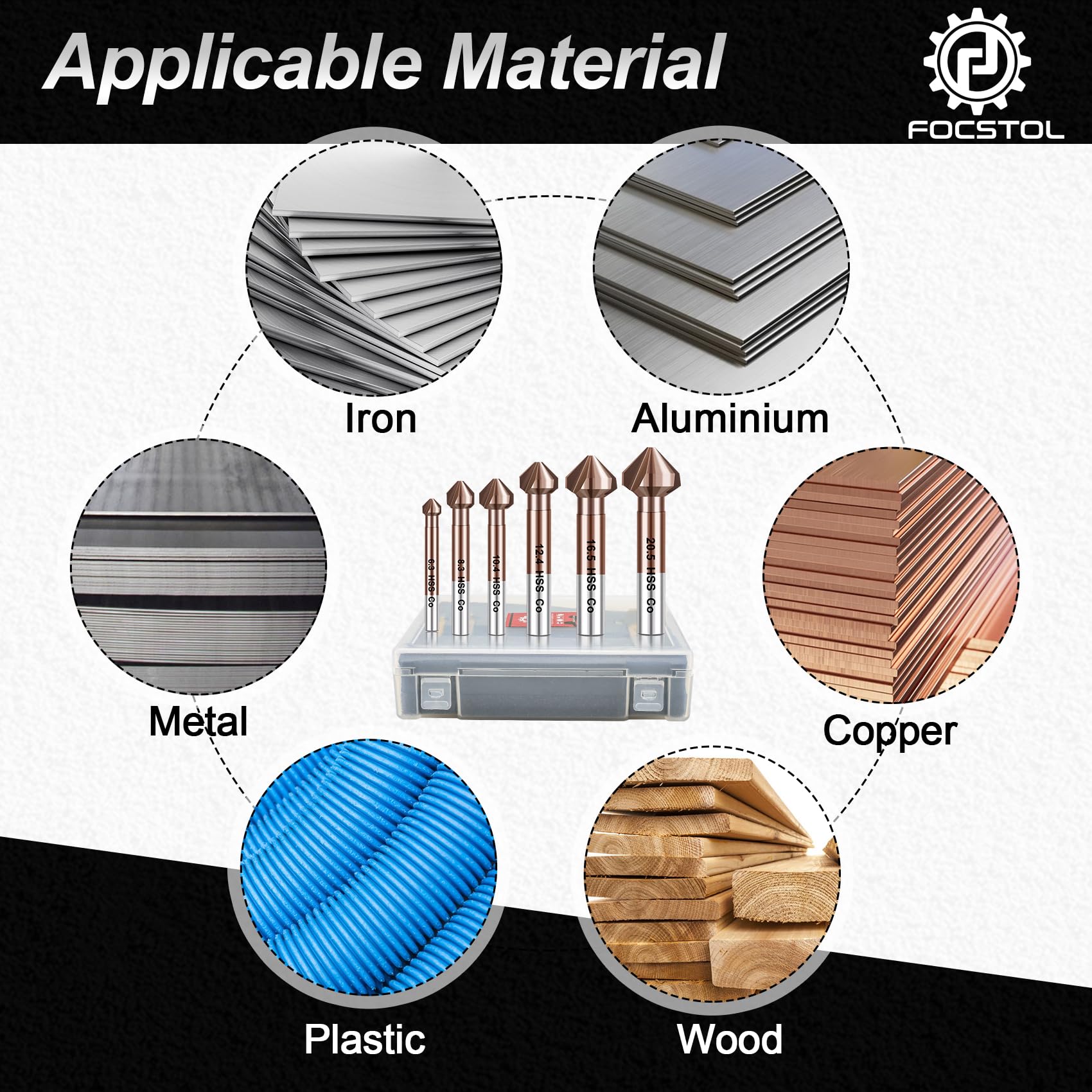 FOCSTOL Kegelsenker Bohrer HSS Set - 90° Kobalt Senker Bohrer Set mit Rundschaft für Edelstahl Kupfer Aluminium Holz Kunststoff 6 Stück (6,3/8,3/10,4/12,4/16,5/20,5mm) 5