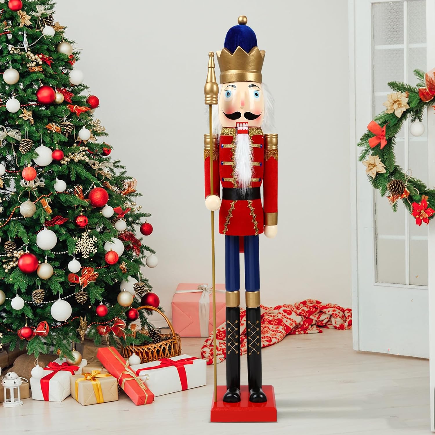 Nutcrackers - Liliful 48 Inch 4 ft Tall Life Size Christmas Nutcracker King Giant Red and White Wooden Nutcracker Soldier with Golden Scepter Nutcracker Statue for Indoor Outdoor Xmas Commercial Decor(King)