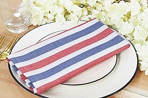PurpleEssences 4th of July Plain Striped Cloth Napkins - Set of 12-100% Cotton - 18 x 18 Inch - Spring and Summer - Perfect Everyday Use Dinner Napkin - Red Blue White