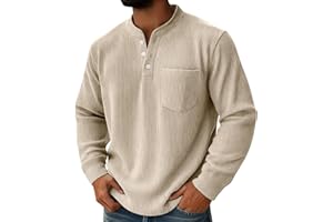 Mens Corduroy Henley Shirts Long Sleeve Casual Classic V Neck Button Down T-Shirt Lightweight Pullover Tees Top