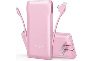 TG90° 10000mAh External Battery Pack with Built-in AC Wall Plug, Compact Cell Phone Portable Charger with Cables Power Bank Compatible with iPhone and Android Devices