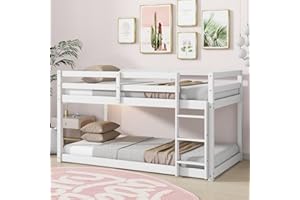LUKEEHOM Bunk Bed Twin Over Twin, Wood Low Profile Floor Twin Bunk Beds with Ladder Guardrails for Kids Boys and Girls, No Box Spring Needed
