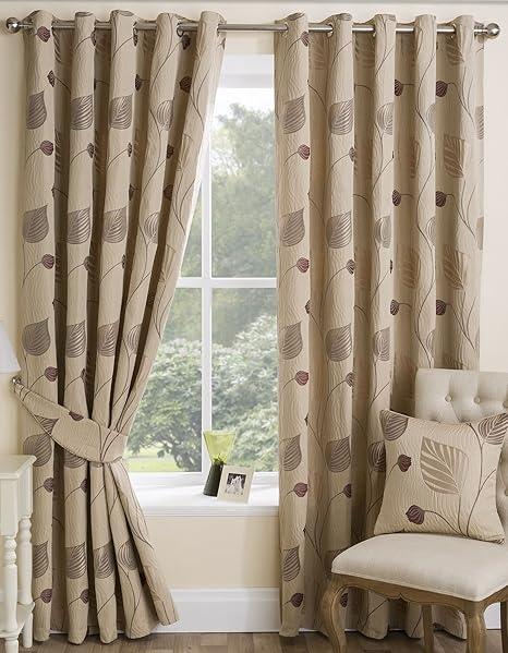 Seth Lined Eyelet Curtains 90 X 72 Woven Floral Leaf Trail