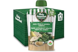 Baby Gourmet Juicy Pear & Garden Greens Purée, 12 × 128 mL Pouches | 6 Months+ | Organic Baby Food | No Added Sugar or Salt |