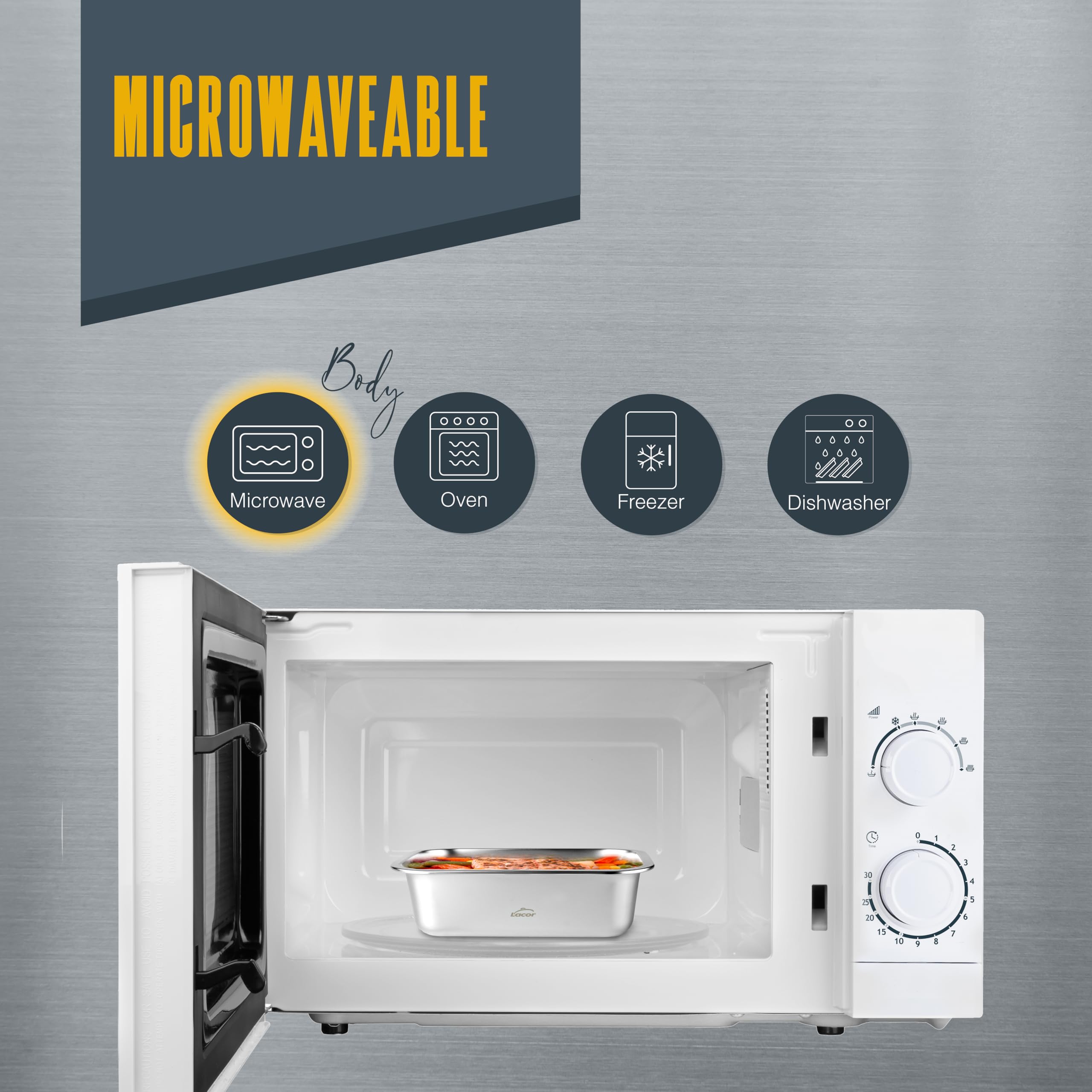 LACOR 64617 - Set mit 3 Behältern für Lebensmittel, Ecoinox, Edelstahl 18/10, 800/1200/1800 ml, geeignet für Mikrowelle, Backofen, Gefrierschrank und Spülmaschine, luftdicht, BPA-frei 4