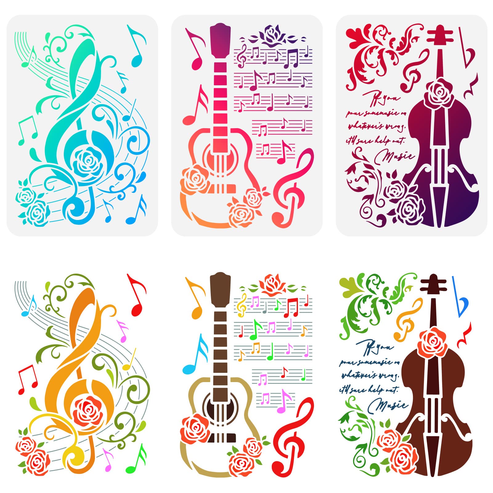 FINGERINSPIRE 3PCS Music Notes Stencil Set - 21x29.7cm Plastic PET Stencil for Guitar, Cello, Musical Score, Large Size for Furniture, Wall, Floor