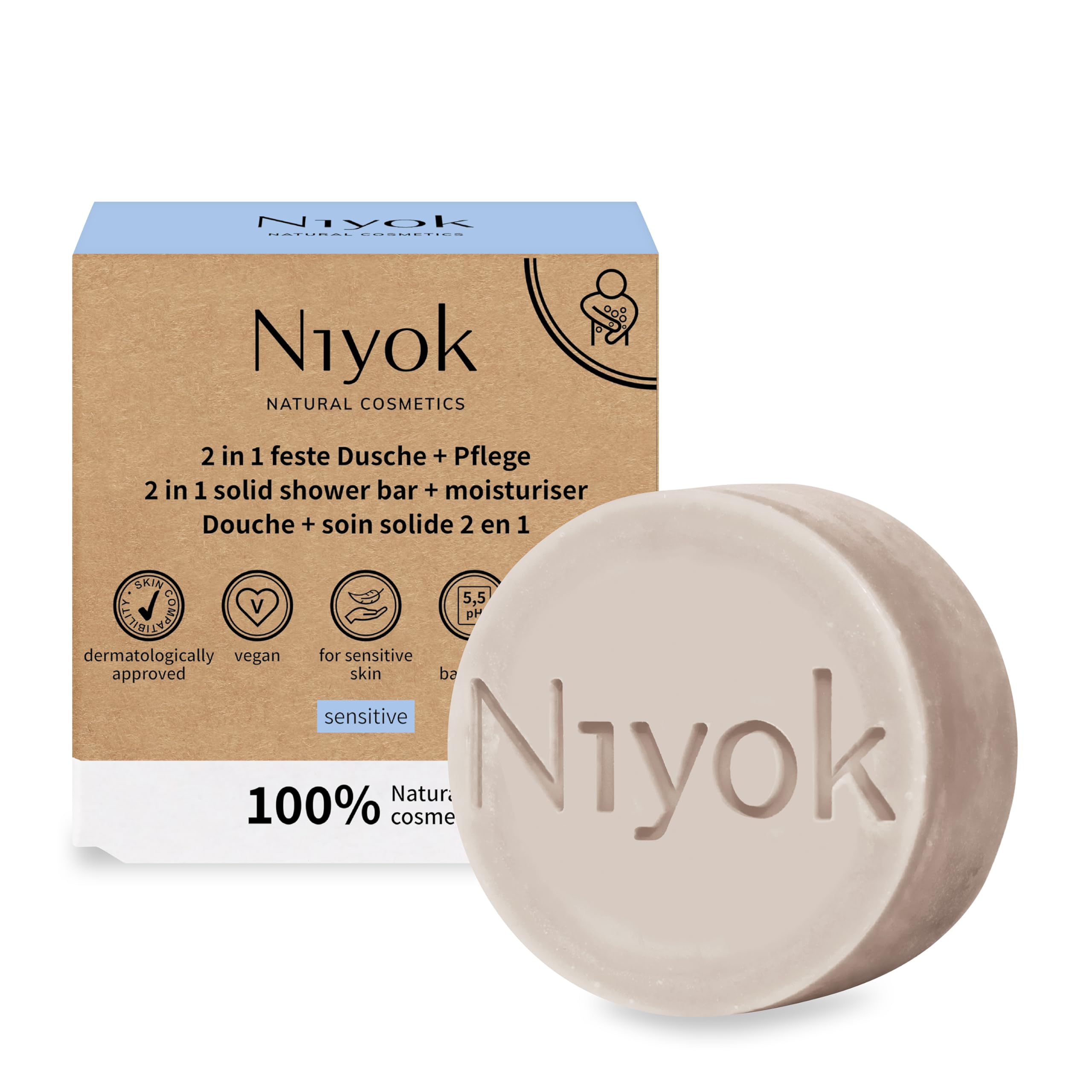 Niyok® 2-in-1 Fixed Shower + Care "Sensitive" (80 g) • Mild Natural Cosmetics Shower Soap • Solid Shower Gel for Sensitive Skin • Vegan Soap for Body & Hands • Plastic-Free & Vegan