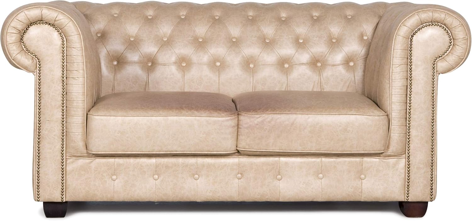 Chesterfield Kunstleder Sofa Beige Zweisitzer Couch Vintage Retro 7160