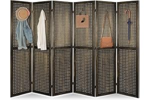 ECOMEX 6 Panel Room Divider, 5.6Ft Pegboard Display Wooden Room Divider Folding Privacy Screen Room Divider Freestanding Peg Board Display for Trade Show Craft Show Home Wall Organizer, Retro Brown