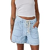 LifeShe Women's Summer Denim Shorts Casual Elastic Waist Jean Shorts with Drawstring