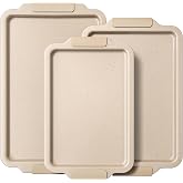 BRONYPRO Nonstick Ceramic Baking Sheet Set of 3, Aluminized Steel | Nontoxic Cookie Sheets for Baking &ndash; PFAS &amp; PFOA Free, Oven Trays with Silicone Handles, Easy Release, Almond Cream