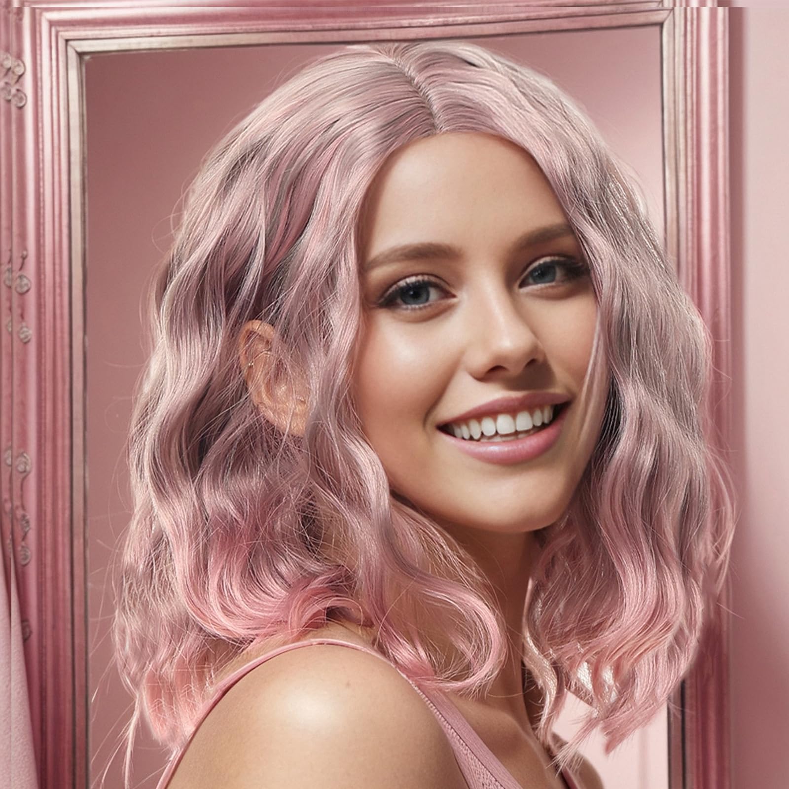 BUYOGET Medium Short Wig Wavy Bob Wig Pink 14 Inch Realistic Natural Lace Front Scalp Adjustable Synthetic Curly Wigs for Women — image 1