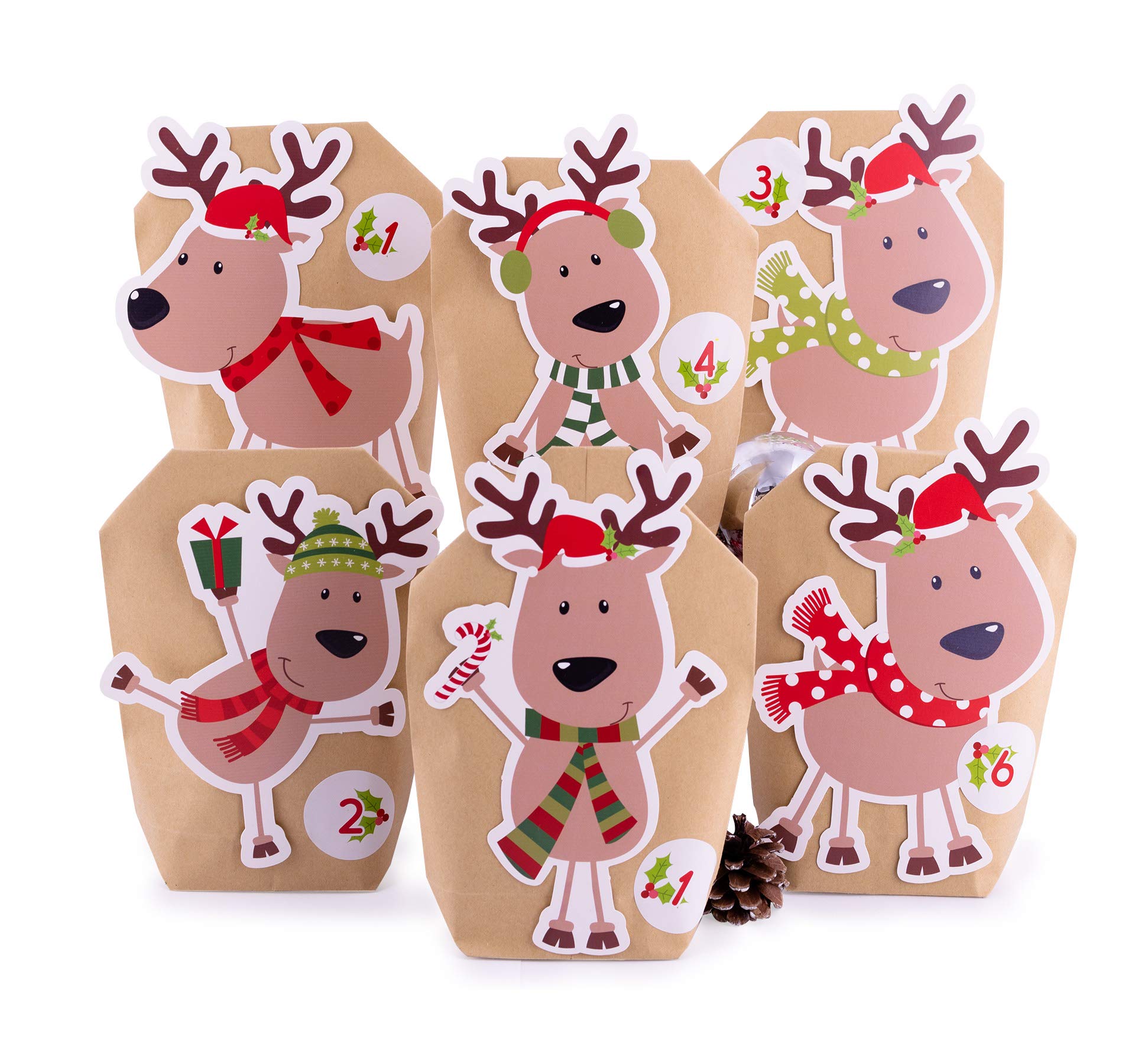 Advent Calendar for Filling Reindeer 24 Kraft Paper Bags Brown Gift Bags Christmas Calendar Craft Set Including Number Stickers, Accessories and Clips pajoma